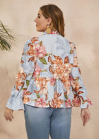 Loose Blue Bow Print Wrinkled Patchwork Chiffon Tops Flare Sleeve