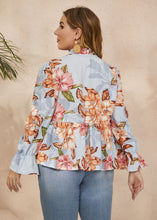 Load image into Gallery viewer, Loose Blue Bow Print Wrinkled Patchwork Chiffon Tops Flare Sleeve
