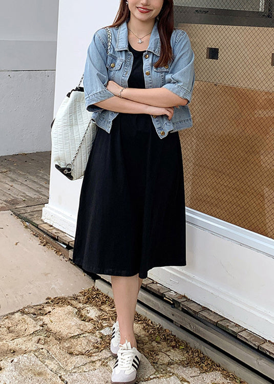 Loose Blue Button Denim Coat And Black Dress Two Piece Suit Fall