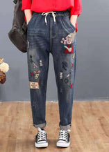 Load image into Gallery viewer, Loose Blue Embroideried Patchwork Elastic Waist Denim Pants Spring