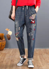 Load image into Gallery viewer, Loose Blue Embroideried Patchwork Elastic Waist Denim Pants Spring