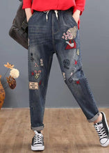 Load image into Gallery viewer, Loose Blue Embroideried Patchwork Elastic Waist Denim Pants Spring