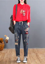 Load image into Gallery viewer, Loose Blue Embroideried Patchwork Elastic Waist Denim Pants Spring