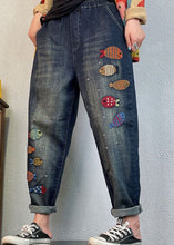 Load image into Gallery viewer, Loose Blue Embroideried denim Spring harem pants