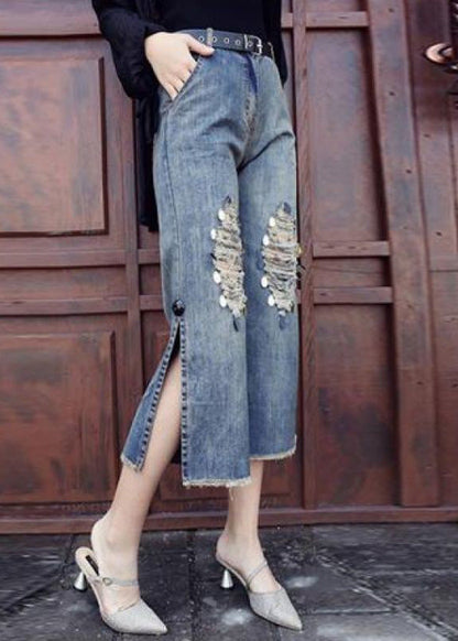 Loose Blue High Waist Sequins Patchwork Crop Ripped Jeans