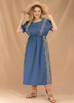 Loose Blue O Neck Striped Patchwork Denim Dresses Summer