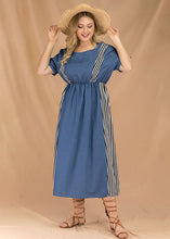 Load image into Gallery viewer, Loose Blue O Neck Striped Patchwork Denim Dresses Summer