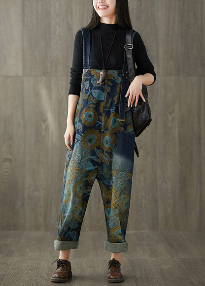 Loose Blue Patchwork Print Denim Wide Leg Jumpsuit Spring