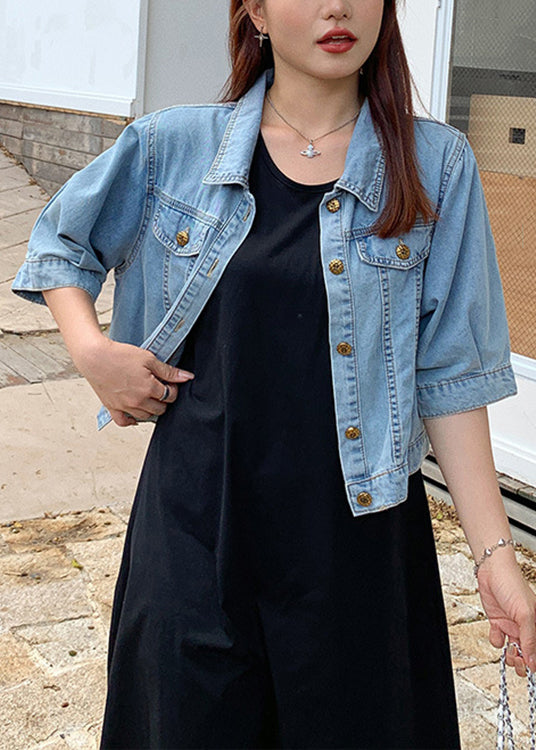 Loose Blue Peter Pan Collar Button Patchwork Denim Coats Half Sleeve