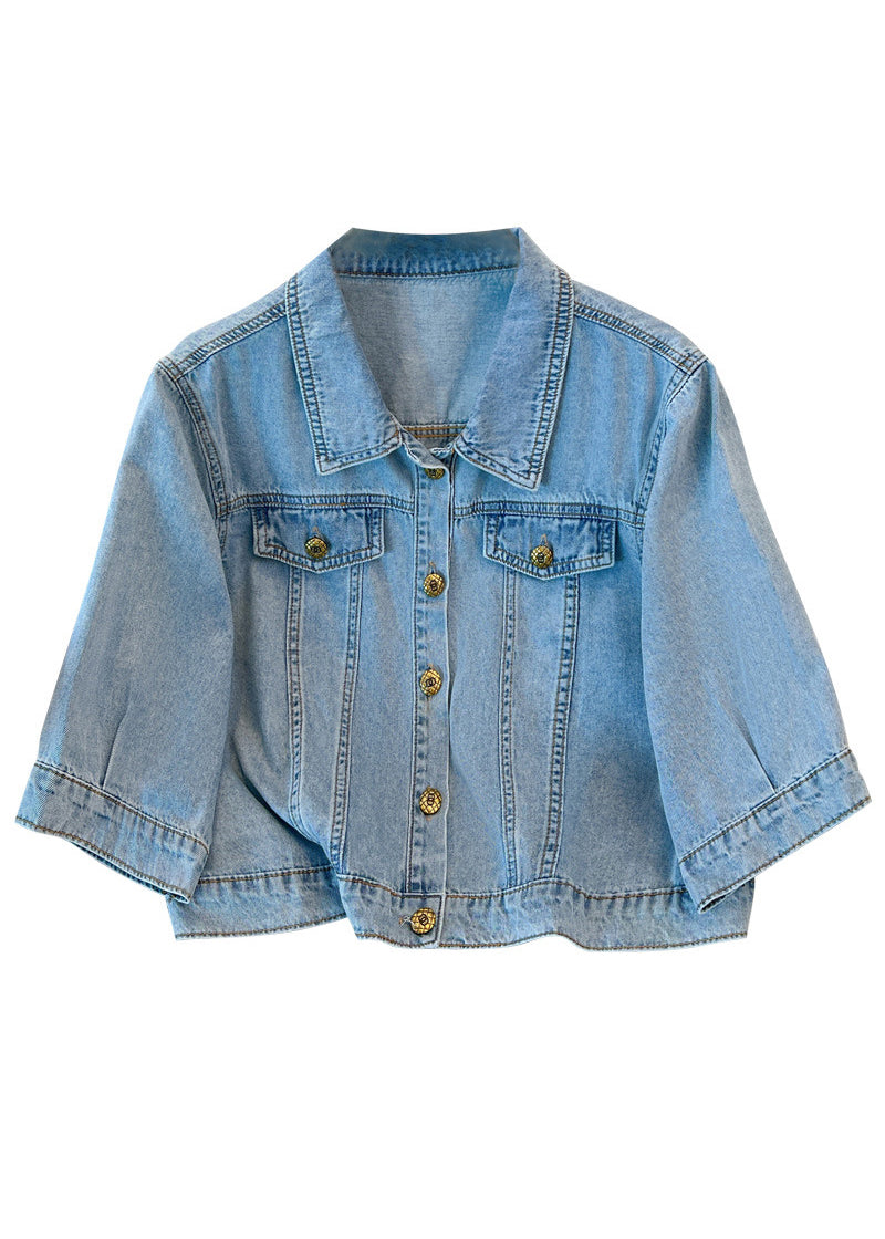 Loose Blue Peter Pan Collar Button Patchwork Denim Coats Half Sleeve