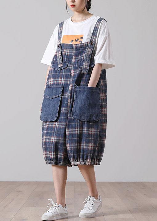 Loose Blue Pockets Plaid Cotton Jeans Jumpsuit Shorts