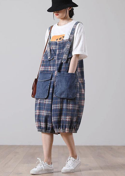 Loose Blue Pockets Plaid Cotton Jeans Jumpsuit Shorts