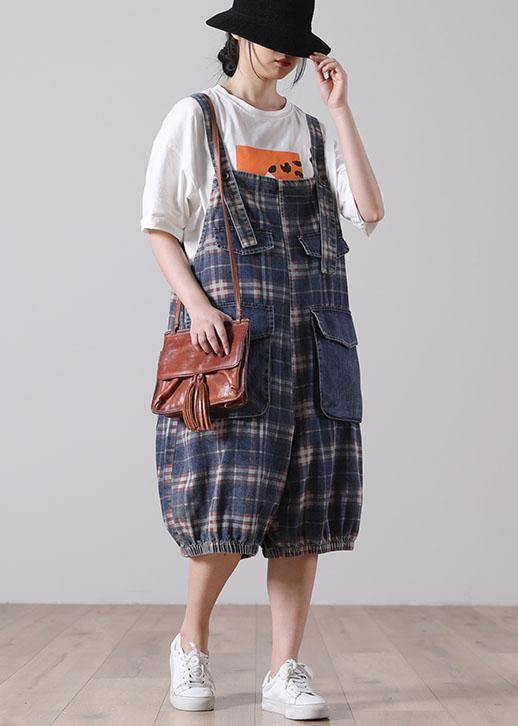 Loose Blue Pockets Plaid Cotton Jeans Jumpsuit Shorts