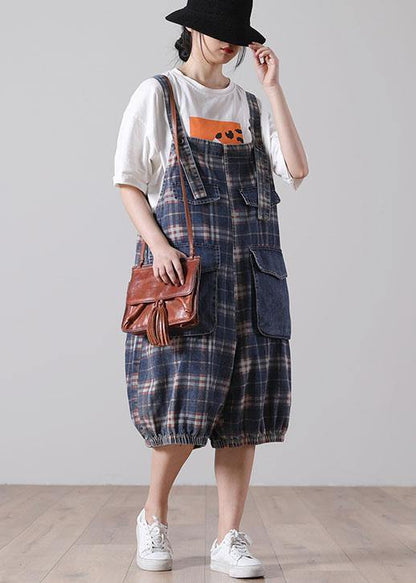 Loose Blue Pockets Plaid Cotton Jeans Jumpsuit Shorts