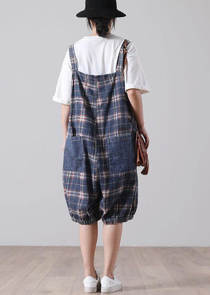 Loose Blue Pockets Plaid Cotton Jeans Jumpsuit Shorts