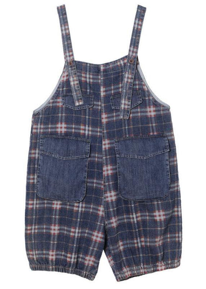 Loose Blue Pockets Plaid Cotton Jeans Jumpsuit Shorts