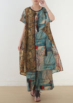 Loose Blue Print Medium Length Capris Two Pieces