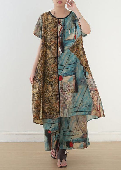 Loose Blue Print Medium Length Capris Two Pieces