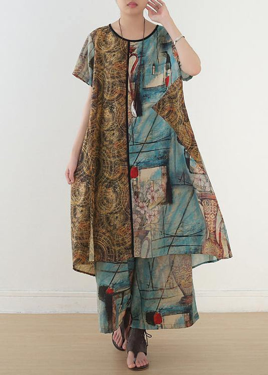 Loose Blue Print Medium Length Capris Two Pieces