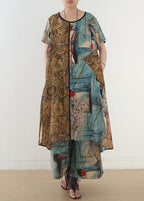 Loose Blue Print Medium Length Capris Two Pieces