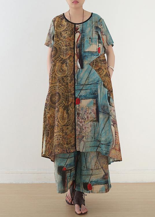 Loose Blue Print Medium Length Capris Two Pieces