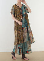 Loose Blue Print Medium Length Capris Two Pieces