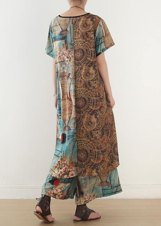 Loose Blue Print Medium Length Capris Two Pieces