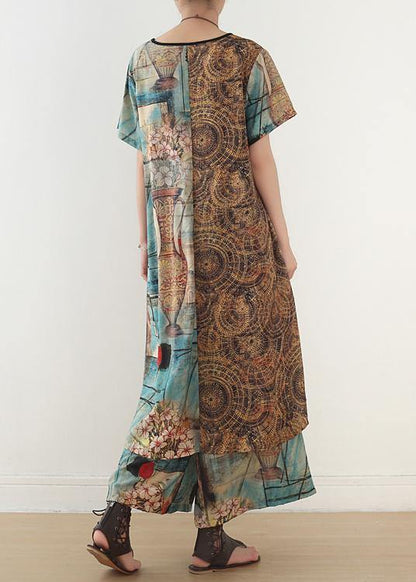 Loose Blue Print Medium Length Capris Two Pieces