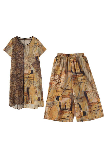 Loose Blue Print Medium Length Capris Two Pieces