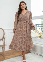 Loose Brown V Neck Print Tie Waist Patchwork Chiffon Long Dresses Fall