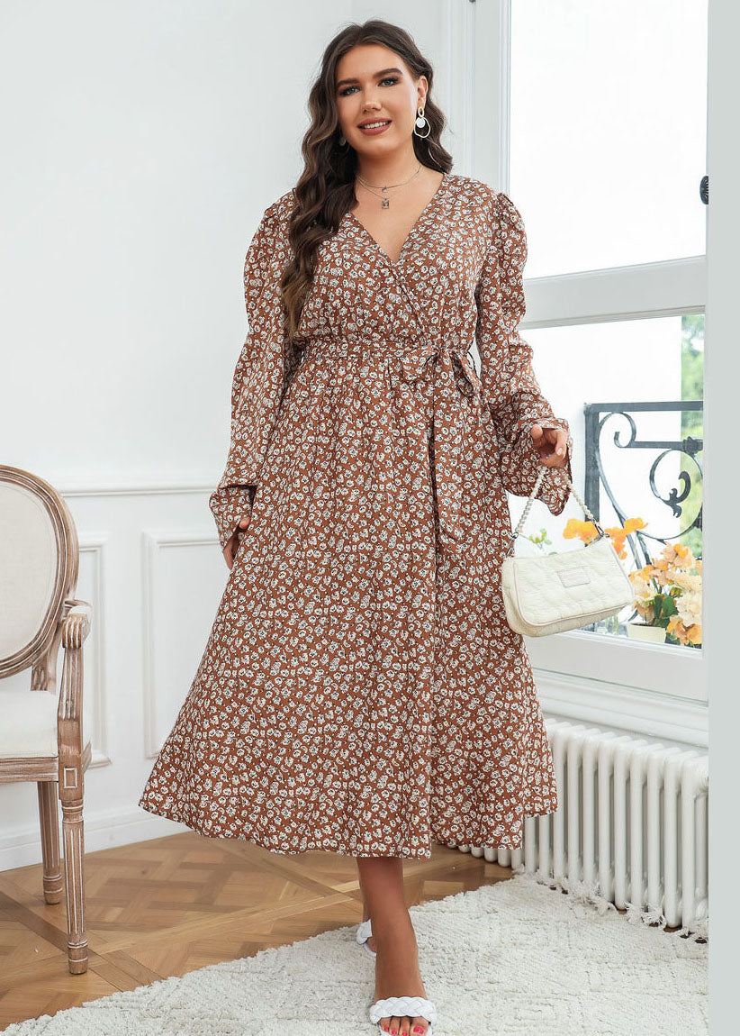 Loose Brown V Neck Print Tie Waist Patchwork Chiffon Long Dresses Fall