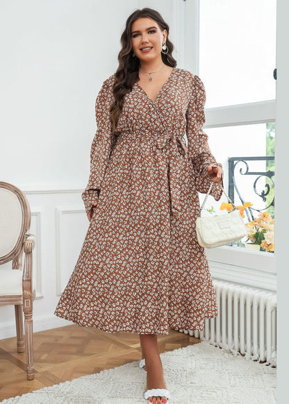 Loose Brown V Neck Print Tie Waist Patchwork Chiffon Long Dresses Fall