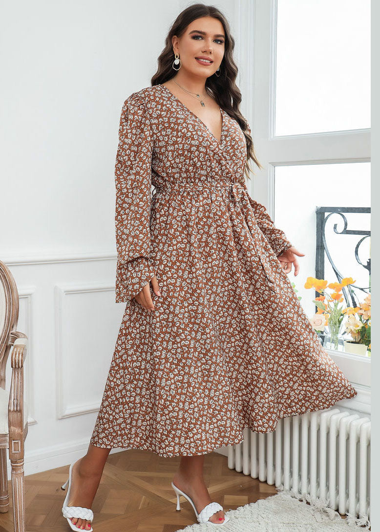 Loose Brown V Neck Print Tie Waist Patchwork Chiffon Long Dresses Fall