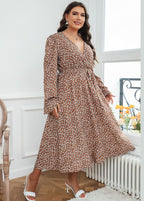 Loose Brown V Neck Print Tie Waist Patchwork Chiffon Long Dresses Fall