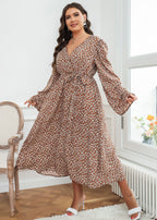 Loose Brown V Neck Print Tie Waist Patchwork Chiffon Long Dresses Fall