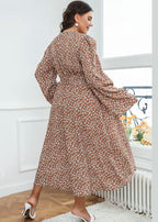 Loose Brown V Neck Print Tie Waist Patchwork Chiffon Long Dresses Fall