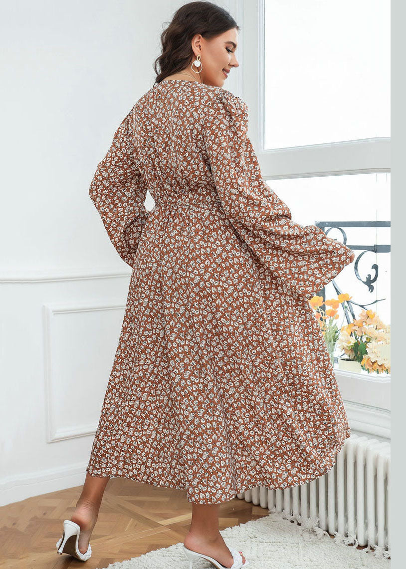 Loose Brown V Neck Print Tie Waist Patchwork Chiffon Long Dresses Fall