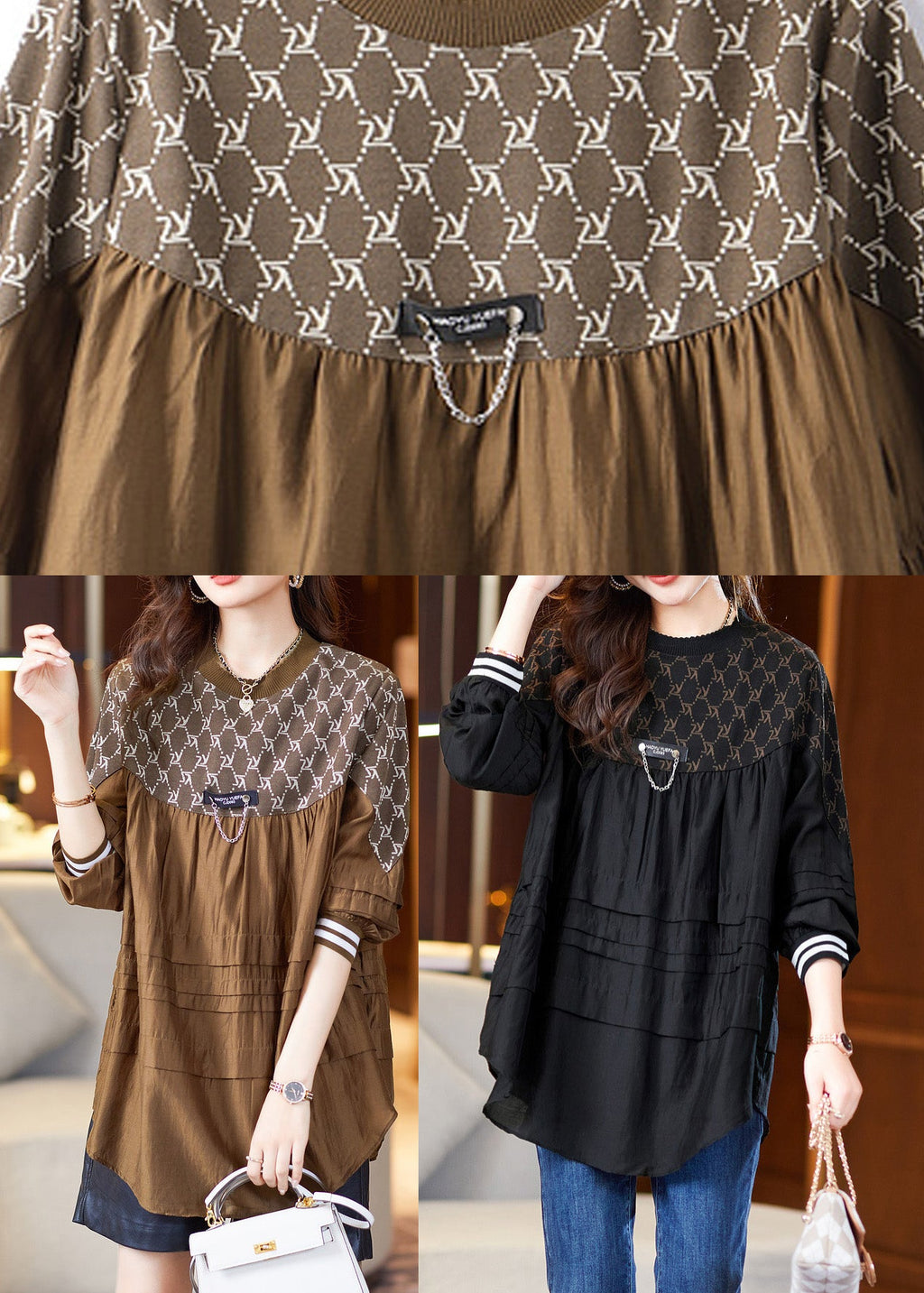 Loose Coffee O-Neck Print Cozy Tops Spring