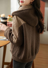 Load image into Gallery viewer, Loose Coffee Zippered Plaid Patchwork Faux Fur Hoodie Coat Fall