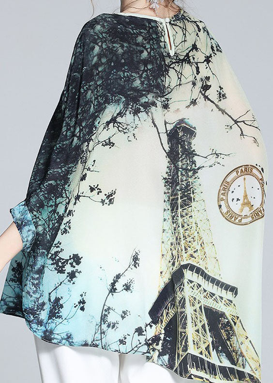 Loose Colorblock O-Neck Asymmetrical Print Silk Batwing Shirt Tops Summer