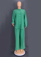 Loose Green Button Tops And Wide Leg Pants Cotton Two Pieces Set Fall