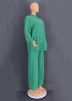 Loose Green Button Tops And Wide Leg Pants Cotton Two Pieces Set Fall
