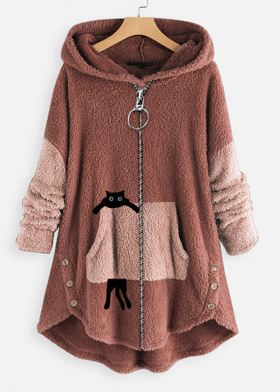 Loose Green Hooded Print Zippered Patchwork Teddy Faux Fur Coat Fall