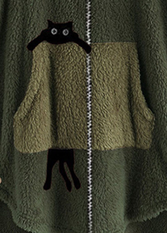 Loose Green Hooded Print Zippered Patchwork Teddy Faux Fur Coat Fall