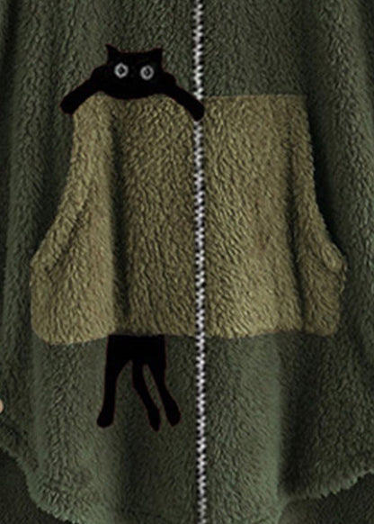 Loose Green Hooded Print Zippered Patchwork Teddy Faux Fur Coat Fall