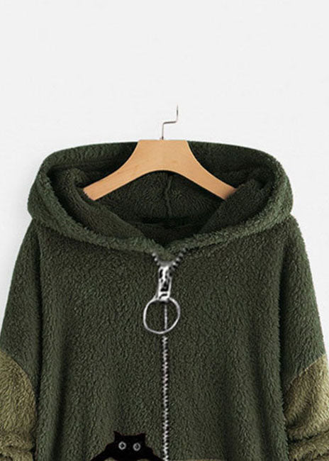 Loose Green Hooded Print Zippered Patchwork Teddy Faux Fur Coat Fall