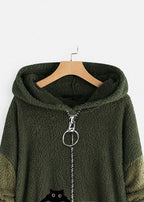 Loose Green Hooded Print Zippered Patchwork Teddy Faux Fur Coat Fall