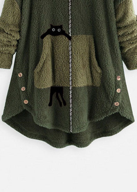 Loose Green Hooded Print Zippered Patchwork Teddy Faux Fur Coat Fall
