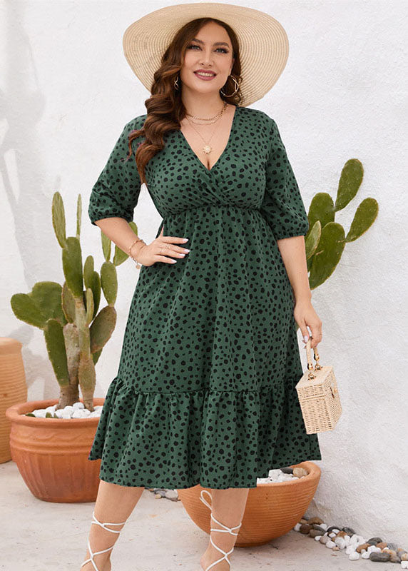 Loose Green Ruffled Print Patchwork Cotton Dresses Summer