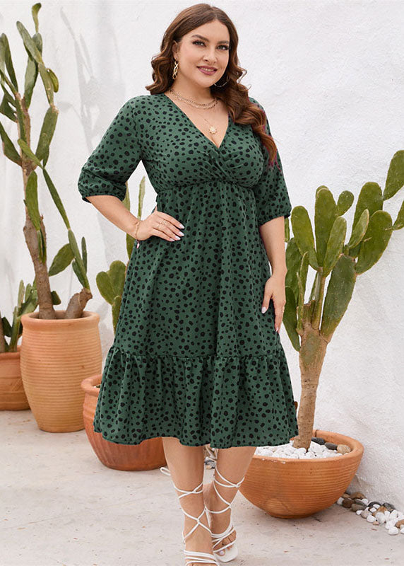 Loose Green Ruffled Print Patchwork Cotton Dresses Summer